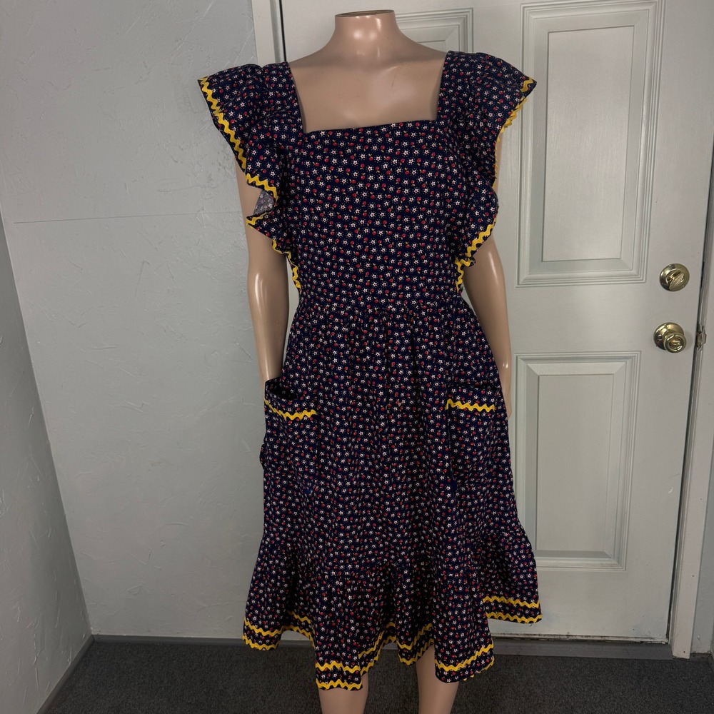 Vintage 70s 60s Women's Dress Apple Print Floral Retro Cotton Pockets S3-2